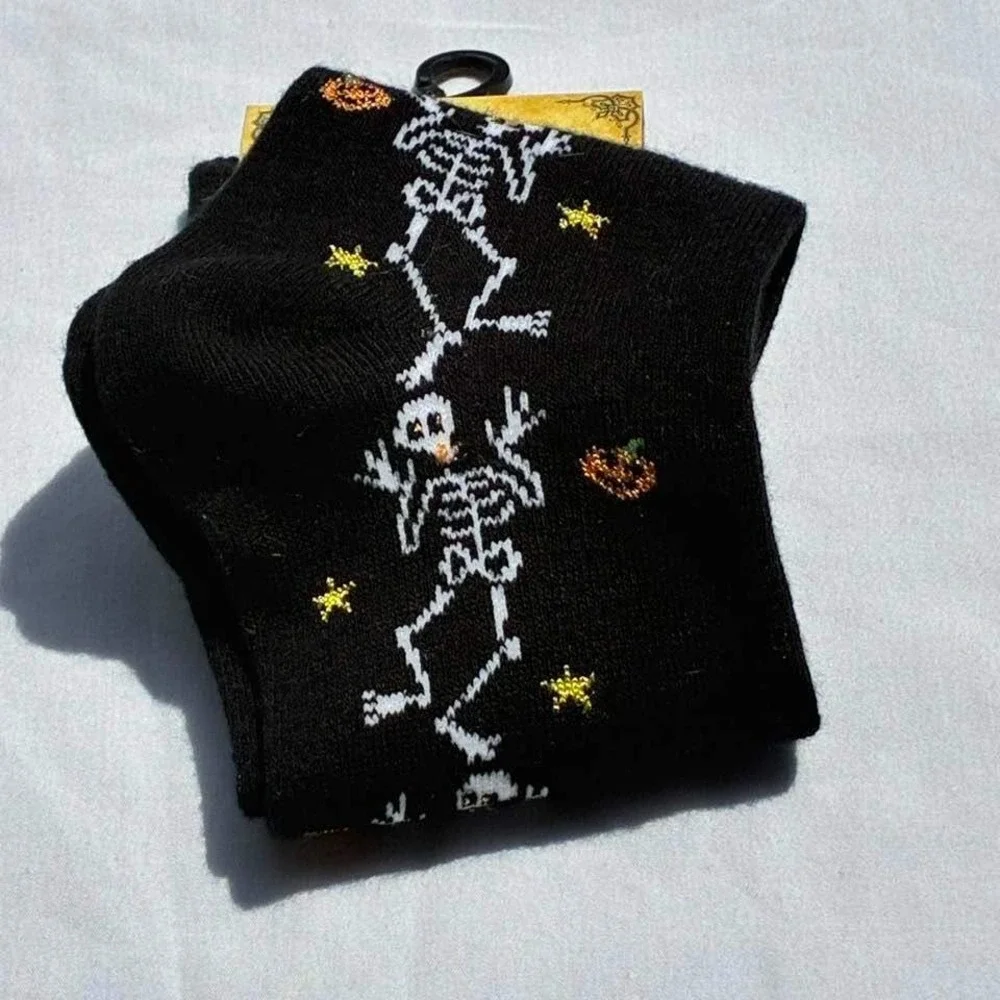 Halloween Skeleton Socks Set 2 Pair Black White Novelty Crew Ankle Size 9-11 NEW